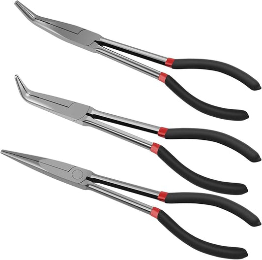 3 Pcs Needle Nose Pliers Set11 Inch Carbon Steel Long Reach Pliers Non-slip Straight 25째/45째/90째 Bent Nose O-Shaped Circle Pliers for Machinist Engineer Narrow Spaces