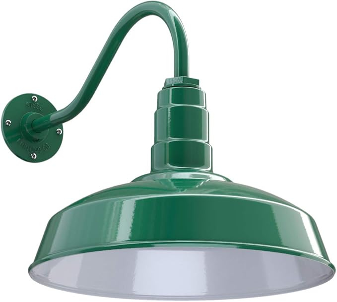 Steel Lighting Co. | Dusk to Dawn | Gardena Barn Light | Outdoor Wall Mounted | 16" Dome | 16" Gooseneck | Farmhouse Light Made in America | Green Exterior/White Interior
