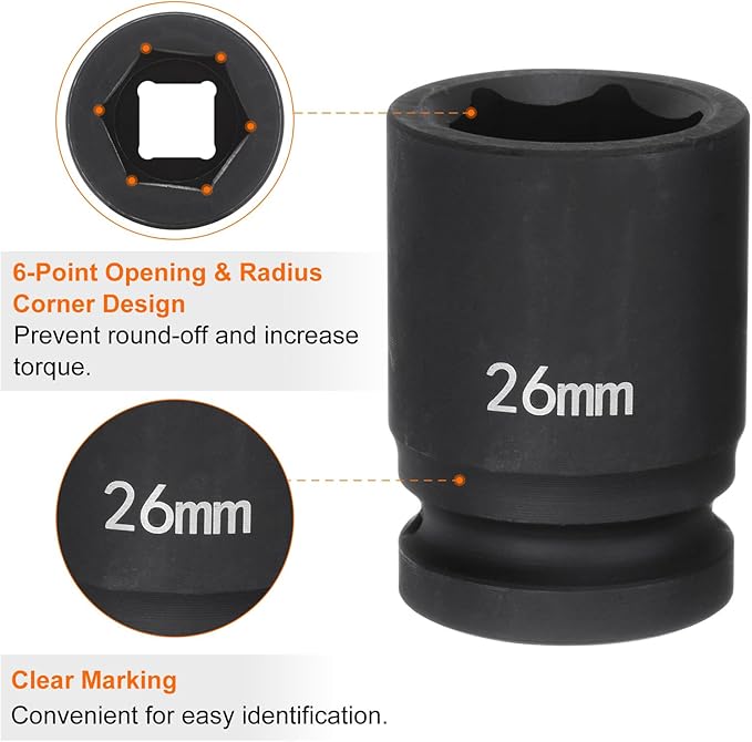 HARFINGTON 6-Point Impact Socket 3/4" Drive 26mm Metric 40Cr Alloy Steel Spindle Axle Nut Impact Socket