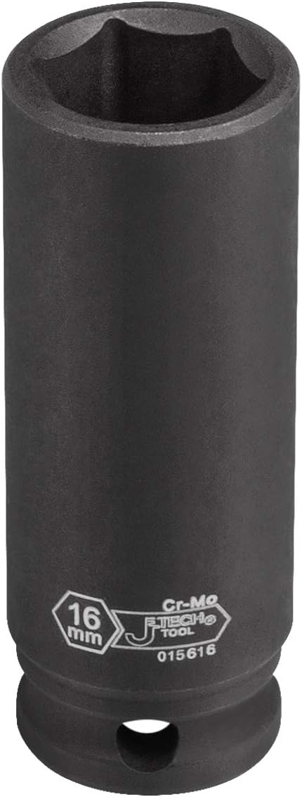Jetech 3/8-Inch Drive 16mm Deep Impact Socket with 6-Point Design, Heat-Treated Chrome Molybdenum Alloy Steel, Metric