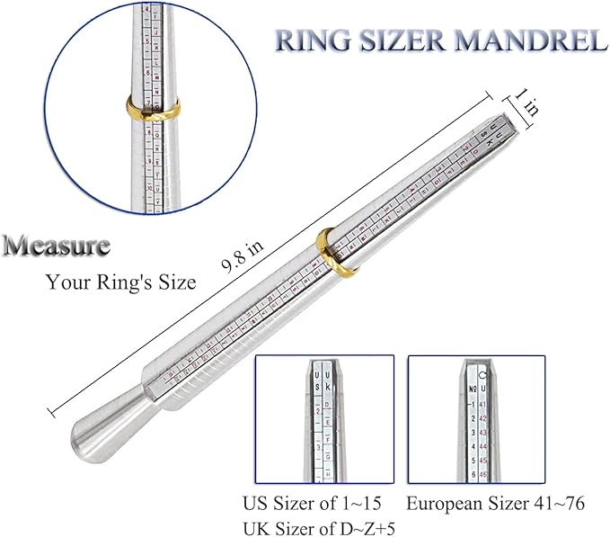 Ring Sizer Measuring Tool Ring Mandrel Set Ring Sizer Tool Ring Sizer Gauge US&UK Size Ring Mandrel Stainless Steel Rubber Jewelers Mallet Hammer