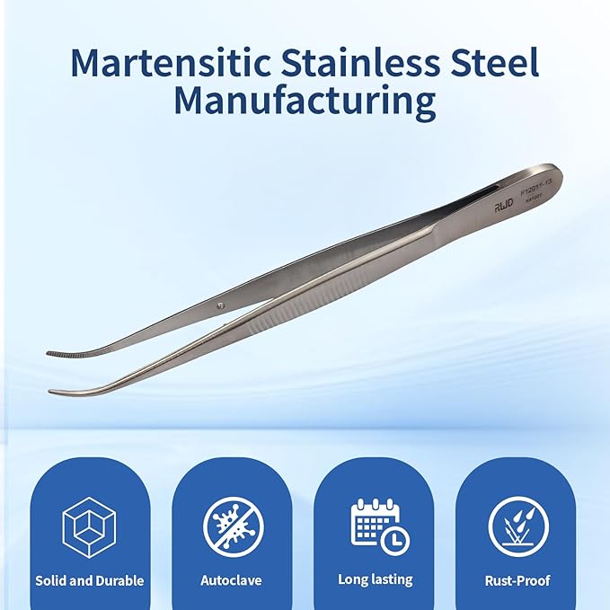 RWD Dressing Forceps 5", Martensitic Stainless Steel Medical Tweezers, 1.2mm Width Serrated Curved Tip, Micro Forceps Tweezer, Surgical Tweezer for High-Precision Handling (F12011-13)