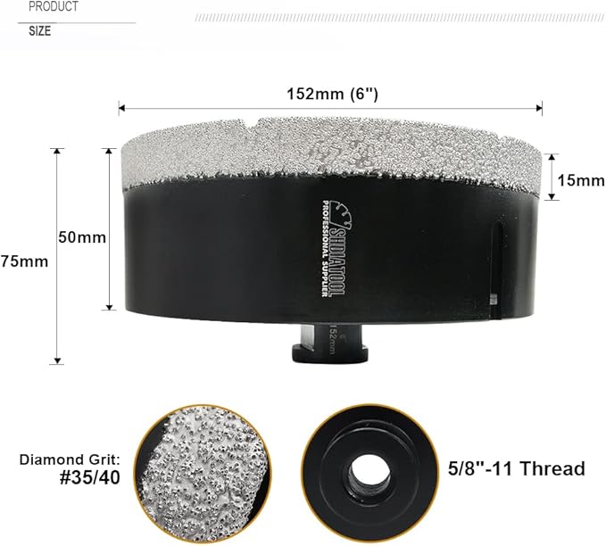 SHDIATOOL Diamond Core Drill Bits 6 Inch for Porcelain Ceramic Tile Marble Brick Vacuum Brazed Hole Saw 152mm