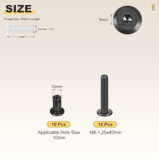 METALLIXITY Furniture Crib Screws Replacement Set(M8-1.25x40mm) 20Pcs, Galvanization Connector Bolts M8 Screw Barrel Nuts Binding Screws, for Chair Cabinet Bed, Black