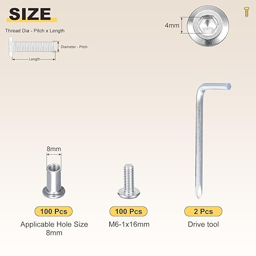 METALLIXITY Furniture Crib Screws Replacement Set with Wrench(M6-1x16mm) 200Pcs, Galvanization Connector Bolts M6 Screw Barrel Nuts Binding Screws, for Chair Cabinet Bed, Silver