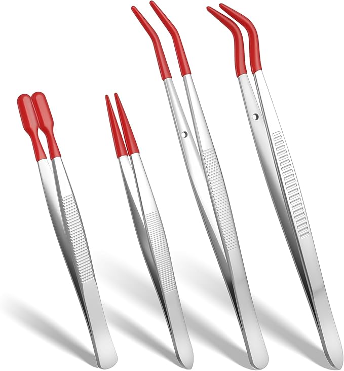 4 Pcs Tweezers with Rubber PVC Coated Set Precision Tweezers Straight Tip Rubber Flat Tip Long Bent Tweezer for Crafting, Jewelry, Electronics, and Lab Work