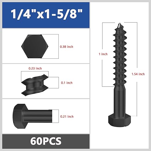 Lag Screws Wood Screws,(60PCS, 1/4" x1-1/2, Black) Hex Head Lag Bolts,(6x40) Heavy Duty Lag Screws,304 Stainless Steel Bolts 18-8
