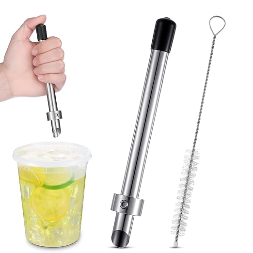 Lasnten 1 Pack Straw Puncher for Plastic Lids Lemonade Cups, Stainless Steel Straw Hole Puncher Punching Tools for Cafe Drinks Fresh Squeezed Lemonade Stand Supplies (6.3 Inch,Black)