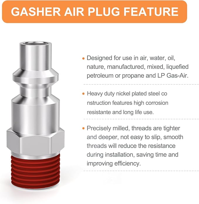 GASHER 3/8 Inch Body Size, M-Type Plug, 3/8 Inch Male Pneumatic Plugs(10-Pack)