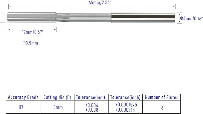 Chucking Reamer 3.5mm, H7 HSS Cobalt M35 Lathe Machine Reamer Metric, 6 Straight Flutes, Round Straight Shank Milling Cutting Tool, for Stainless Steel Alloy Copper Metal