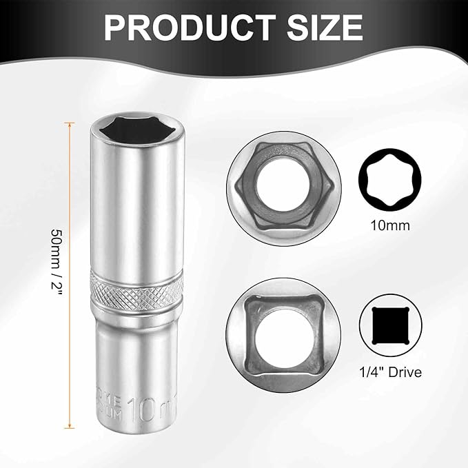 HARFINGTON 6 Points Deep Socket 1/4" Drive 10mm Deep Metric CR-V Steel Polished Nickel Plating Flip Sleeve 50mm / 2" Extra Long Socket Tool for Home Auto Nuts Bolts Repair