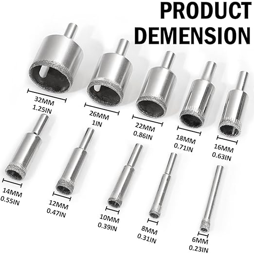 Vivicreate 10 pcs Diamond Drill bits Hole Saw Set kit for Glass Ceramic Tile Porcelain Marble Granite Stone Cutting Drilling Tool Glass Hole Cutter Ceramic brocas para Ceramica Broca para vidrio