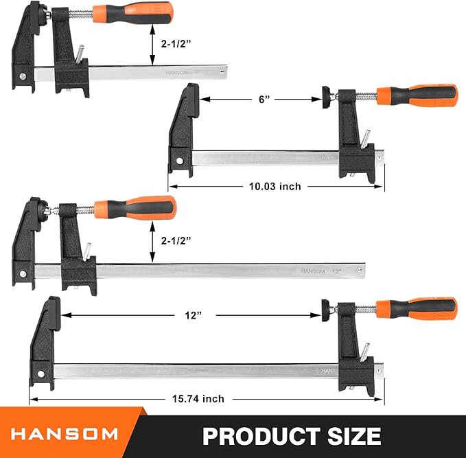HANSOM 6-Pack 12??4)&6??2) Bar Clamps,Wood Clamps Heavy Duty Force 600 Lbs Adjustable and Release Quickly,Woodworking Clamps Throat Depth 2.5 inch with Plastic Handle