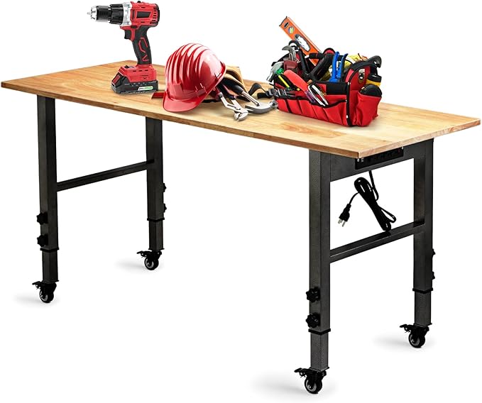 54.3 "Adjustable Workbench with Power Outlet, Heavy Duty 2000 LBS Load Capacity Hardwood Workbench Suitable for Workshop, Office, Garage, Home (Metal Wheels訝쭾ower Outlets 54.3"x21.6")