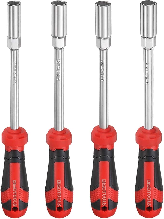 HARFINGTON 4 Pcs Metric Nut Driver 11mm/12mm/13mm/14mm CR-V Non-Magnetic Tip Hollow Shafts Hex Socket Screwdriver with Anti-Slip Handle for Automobile Repair Bit Driver, Brown