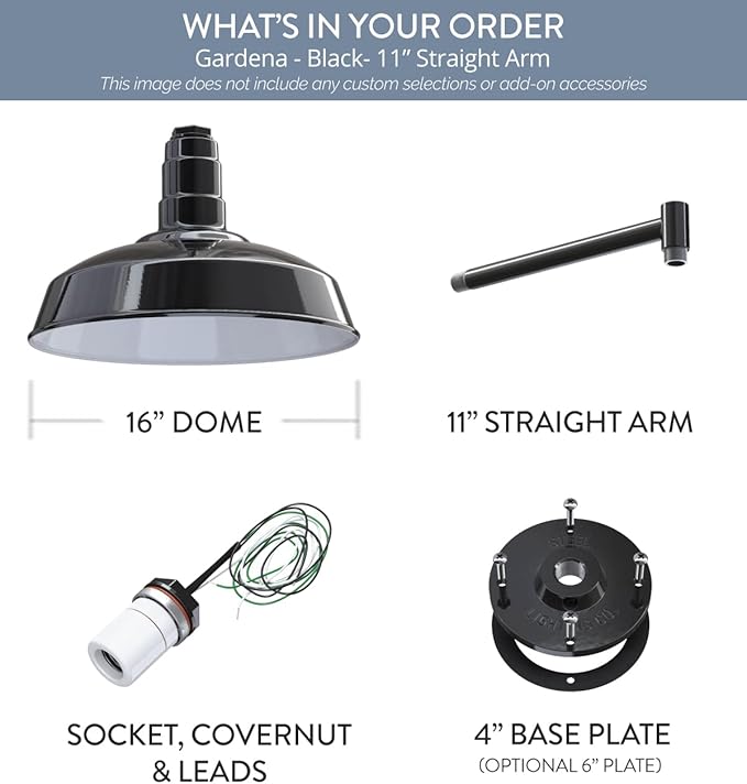 Steel Lighting Co. | Dusk to Dawn | Gardena Barn Light | Outdoor Wall Mounted | 16" Dome | 11" Straight Arm | Farmhouse Light Made in America | Black Exterior/White Interior