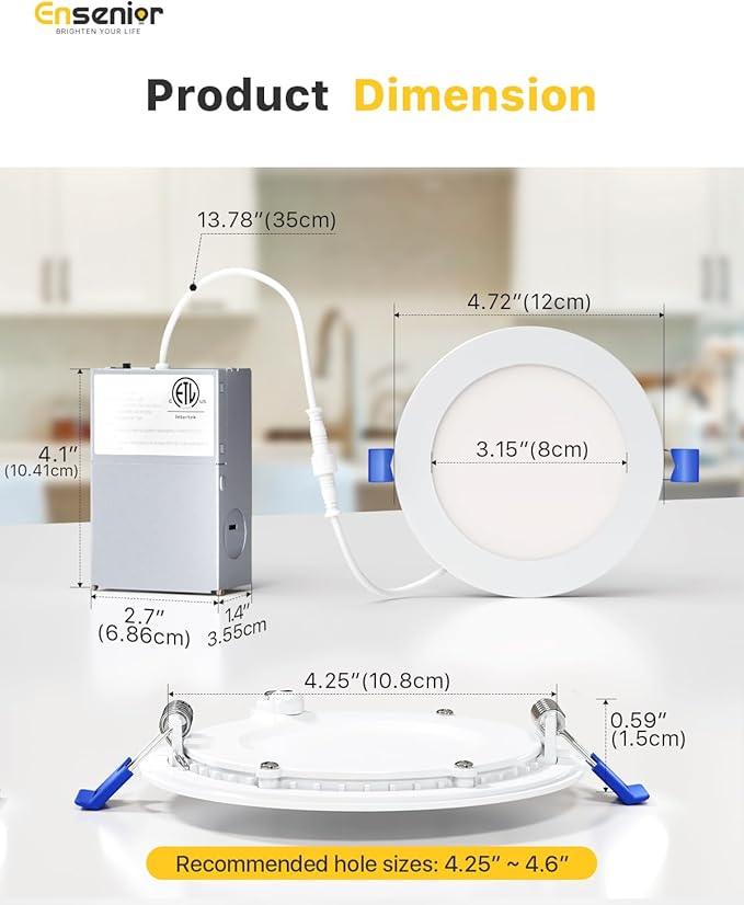 Ensenior 12 Pack 4 Inch LED Recessed Ceiling Light, Dimmable, 3000K Warm White, 750LM 9W 120V, High Brightness Canless Wafer Downlight - ETL&FCC&IC