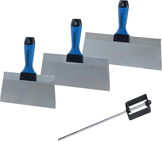 Pro Knife 3 Pack Drywall Finishing Kit Stainless Steel I Advance Equipment MFG Co. I Professional Quality I Cool Grip II Taping Knives and FREE Mud Pan Mixer I100+ Years Family Owned USA Made