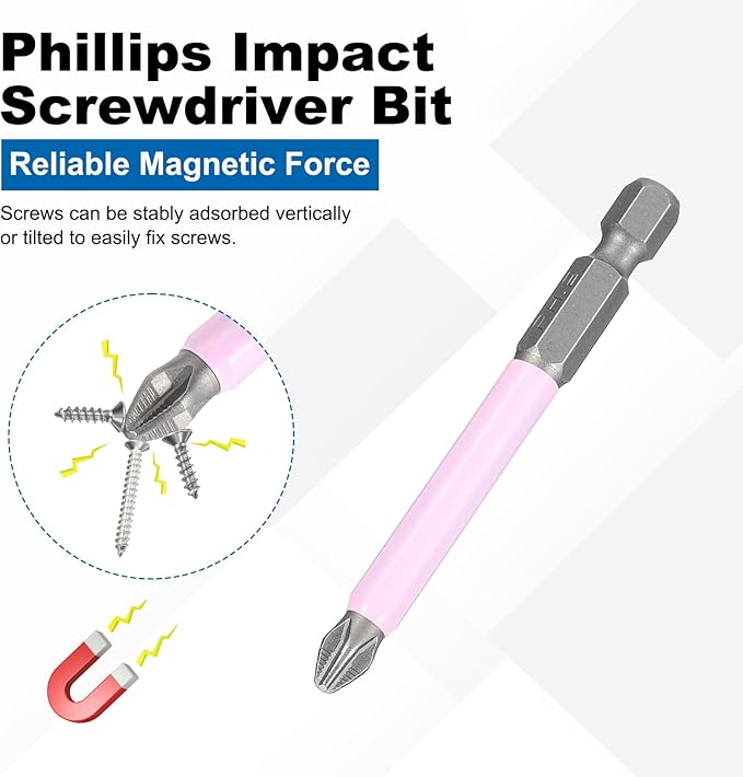 HARFINGTON 2pcs #2 Phillips Impact Screwdriver Bit PH2 1/4" Hex Shank 2.8" (70mm) Magnetic Anti Slip Cross Head Drill Bits K5 Steel Screw Driver Tool, Pink