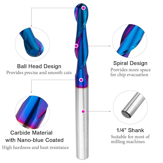 CNC Router Bit 1/4" Shank, Solid Carbide Ball Nose End Mill Up Cut Spiral Router Bit with 1/4" Diameter 1-1/8" Cutting Length for Wood Milling 2D/3D Carving