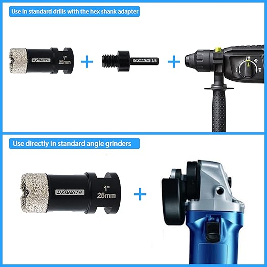DKIBBITH 1 Inch Dry Diamond Core Drill Bits, 25mm Tile Vacuum Brazed Angle Grinder Hole Saw for Porcelain Ceramic Granite Brick Concrete with 5/8-11 Thread to 3/8??Hex Shank Adapter, Black