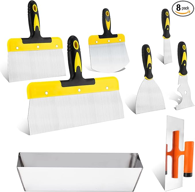 DEKEones Drywall Knife Set, 8 Pieces Stainless Steel Drywall Hand Tool Kit Includes Taping Knives, Putty Knives, Finishing Trowel, Mud Scoop and 12" Mud Pan with Ergonomic Handles for Drywall Work