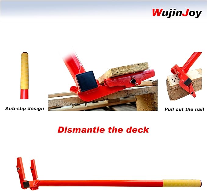 Pallet Buster Tool, Deck Board Remover for Demolition, Wrecker Pry Bar with Nail Remover (With Handle), Articulating Pivoting Head Deck Wrecking bar, Orange