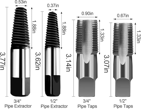 Hakkin 4 Pcs 1/2" - 3/4" Carbon Steel Water Pipe Extractor NPT Taps Set, Water Pipe Triangle Valve Repair Kit, Manual Broken Pipe Remover Thread Repair Tool with Storage Case Bonus a Pipe Seal Tape