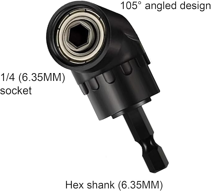 4-in-1 Impact Drill Bit Extension Set with a 105째 angle screwdriver bit, right angle drill adaptor, and 360째 rotatable socket adapters for 1/4", 3/8", and 1/2" sizes