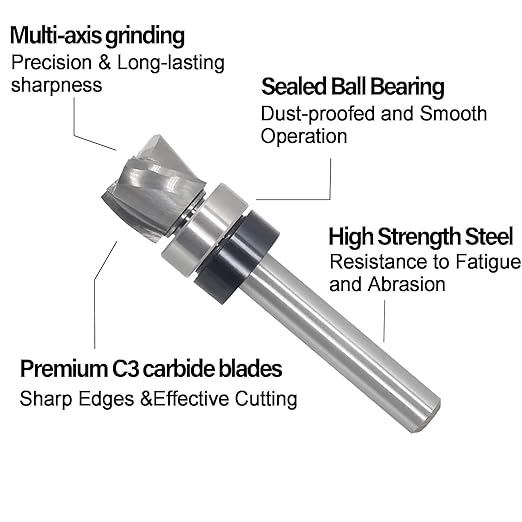 Flush Trim Router Bit 1/4 Shank, Down-Cut Carbide Head 3-Flute, 1/2" Diameter, 3/8" Cutting Length, Pattern Template Spiral Flush Trim Router Bit, for Grooves, Bottom Cleaning, Wood Trimming
