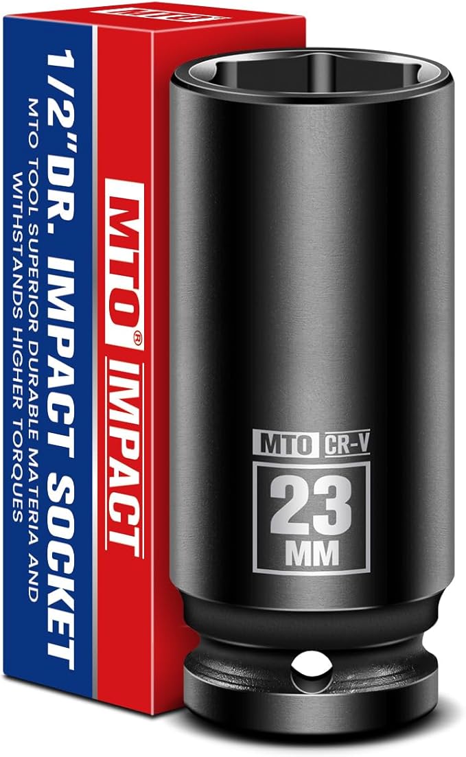 MTO 1/2" Drive 23mm Deep Impact Socket, 6-Point Metric Socket for Automotive Maintaince, CR-V Steel Meets ANSI Standards