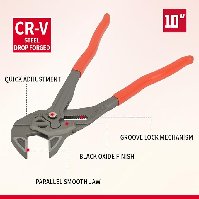 DSCTOOLS Multi-Use Adjustable Plier Wrench, Push Button Quick Adjust Tongue-and-Groove Pliers,Slip Joint Pliers, Plumbing Pliers (7/10/12Inch) (10"/250MM)