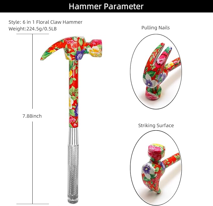 YOUMI 6 in 1 Multifunctional Floral Hammer & Screwdriver Tool for Christmas, Birthday, Valentine's Day Best Gift (Red)
