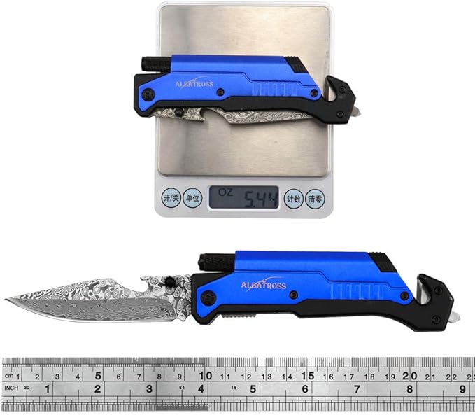 ALBATROSS 6-in-1 Modern Damascus Steel Folding Pocket Knives with LED Light,Seatbelt Cutter,Glass Breaker,Magnesium Fire Starter,Bottle Opener;Multi-Function Emergency Tool(Blue-da)
