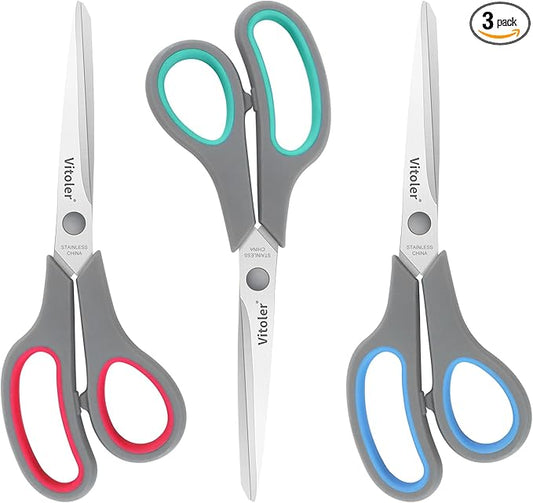 Vitoler Scissors, Heavy Duty Scissors All Purpose Bulk Set of 3-Pack竊똕harp Scissor for Office School Craft Sewing Fabric, Right/Left Hand