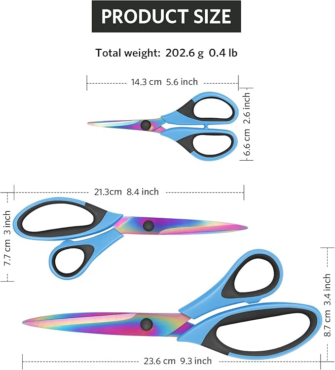 Sewing Shears for Fabric Cutting, Sharp Titanium Blades, Soft Grip Handle, Multi-Purpose Scissors Set of 3 Suitable for Families, Crafting, Office, and School Use, Blue/Black