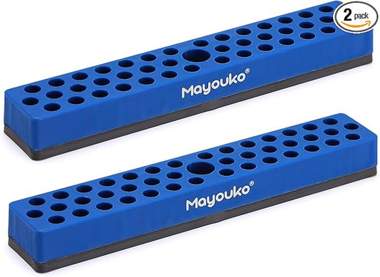 Mayouko 1/4" Magnetic Hex Bit Holder Rack Organizer, 43 Holes, 1/4-Inch Drill Bit Holder, Blue, 2 Racks, Magnetic Bit Holder with Magnet Base for Screwdriver Bits