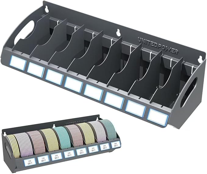 UNITEDPOWER Sanding Discs Holder, 8 Slots Wall Mount Metal Sandpaper Storage Rack for Workshop, Shed, Garage Classified Organization, Fit Most of Sandpaper