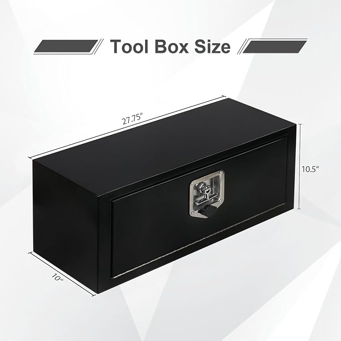27.75'' Steel Underbody Tool Boxes with Lock, Heavy Duty Waterproof Undermount Truck Tool Box for Vans, Trailers, RVS，Trucks, Black（27.75"*10"*10.5"）