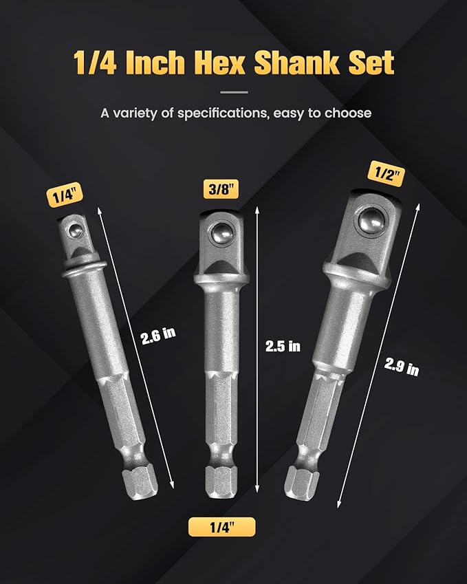 BOEN Impact Grade Socket Adapter Set, 3-PCS Drill Bit Adapter with Bit Holder, Sizes 1/4", 3/8", 1/2", 1/4-Inch SAE Hex Shank, Cr-V, for Cordless Drill & Screwdriver, Power Drill & Driver