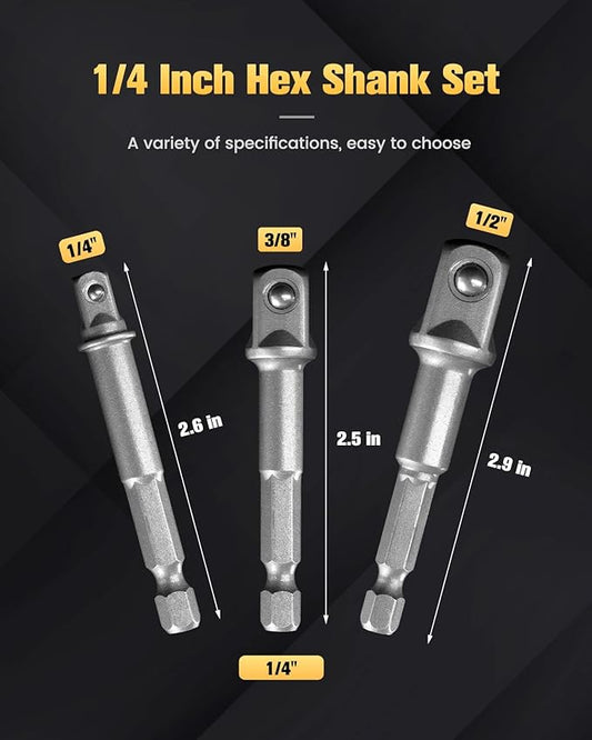 BOEN Impact Grade Socket Adapter Set, 3-PCS Drill Bit Adapter with Bit Holder, Sizes 1/4", 3/8", 1/2", 1/4-Inch SAE Hex Shank, Cr-V, for Cordless Drill & Screwdriver, Power Drill & Driver
