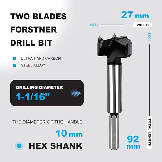1-1/16 Inch Forstner Drill Bit Carbide Tipped,Woodworking Hinge Cutter for Precise Flat Bottom Holes in Hard Wood,Plywood,Plastic - Professional Grade