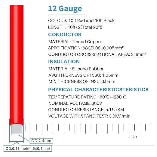 BNTECHGO 12 Gauge Silicone Wire 10 ft red and 10 ft Black Flexible 12 AWG Stranded Tinned Copper Wire