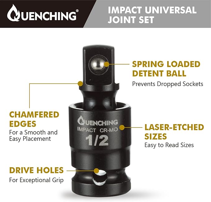 Impact Wobble Extension Set, Grade Extension Set, Universal Swivel Set, Socket Extensions with Holder, 1/4, 3/8, 1/2 Drive, made in Cr-V (3Pcs, Impact Universal Joint-Socket)