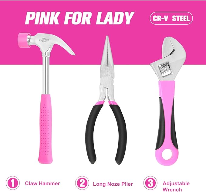 89 Piece Pink Tool kit, Ladies Hand Tool Set with Easy Carrying Round Pouch Household Tool Kit Perfect for DIY, Home Maintenance and Dorm Repair