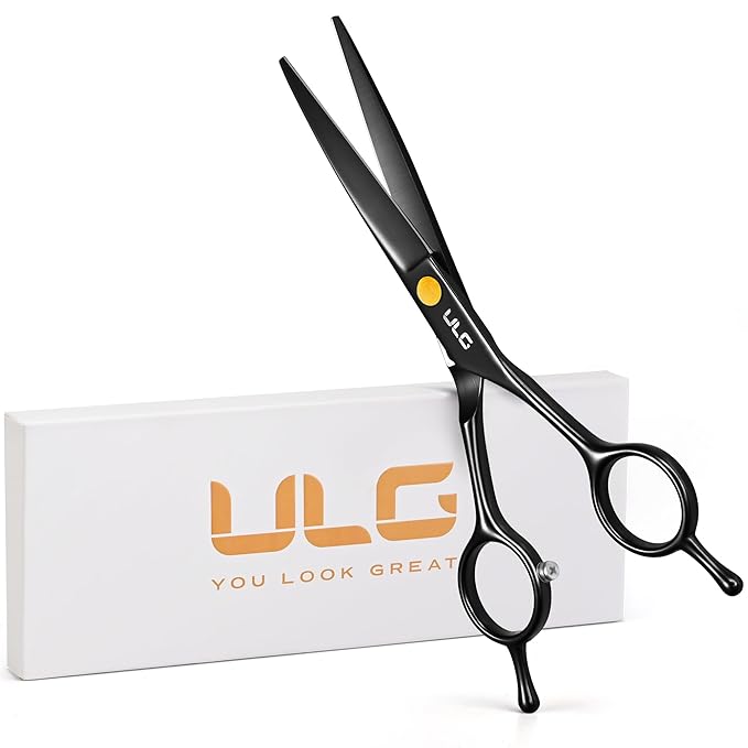 ULG Professional Hair Cutting Scissors 6.5 Inch ??Sharp Barber Shears, Stainless Steel Symmetrical Salon Haircut Scissors for Women, Men, Kids, Gloss Paint Finish, Black