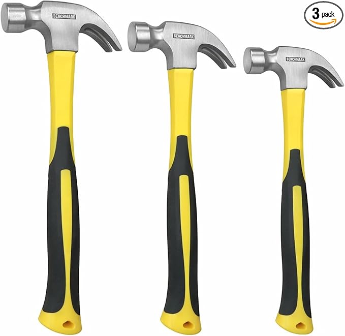 3 Pack of Claw Hammers (20 oz, 16 oz, 8 oz) with Sure-Grip Fiberglass Handles and Polished Steel Head