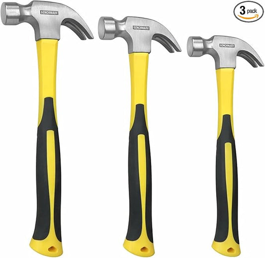 3 Pack of Claw Hammers (20 oz, 16 oz, 8 oz) with Sure-Grip Fiberglass Handles and Polished Steel Head