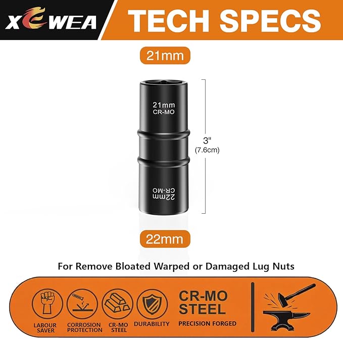 XEWEA 1/2 Inch Drive 21mm x 22mm Thin Wall Impact Flip Socket, Lug Nut Impact Socket Set Double Ended Thin Wall Nut Sockets CR-MO Twist Removal Tool for Stripped Rusted Bolts