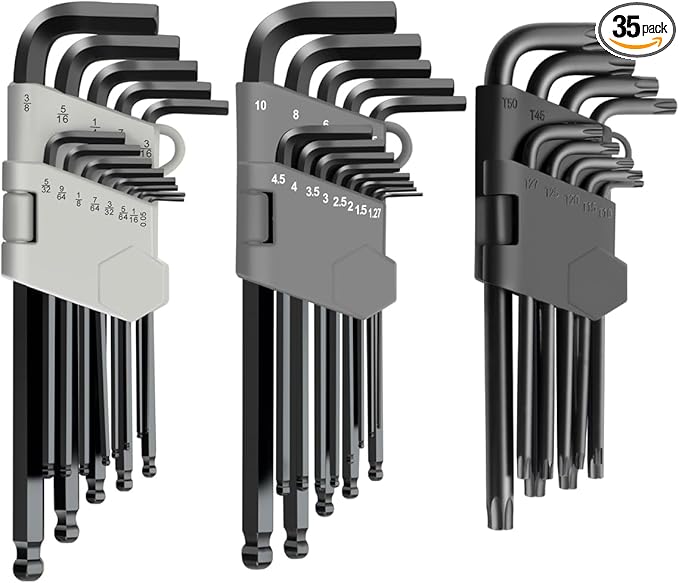 ROTATION 35-Piece Ball Head Hex Key Set, 3-Pack Metric/SAE/Torx Folding Allen Wrench Kit with Foldable Storage Rack, Black Oxide Chrome Vanadium Steel for Vehicle, Home & Appliance Repair